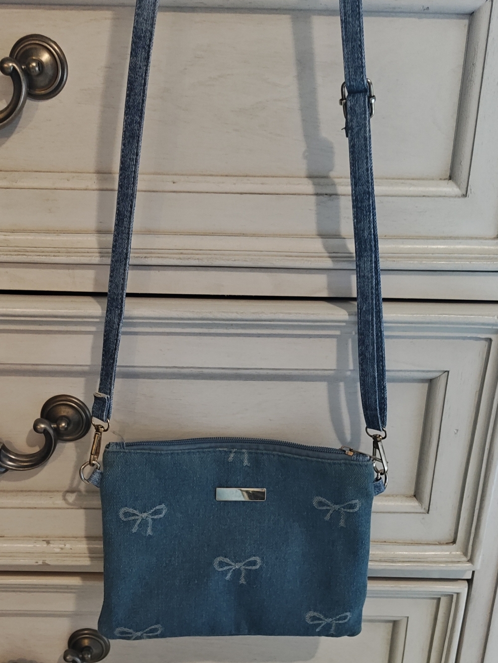 Denim Crossbody Bag with Bow Embroidery - Blue